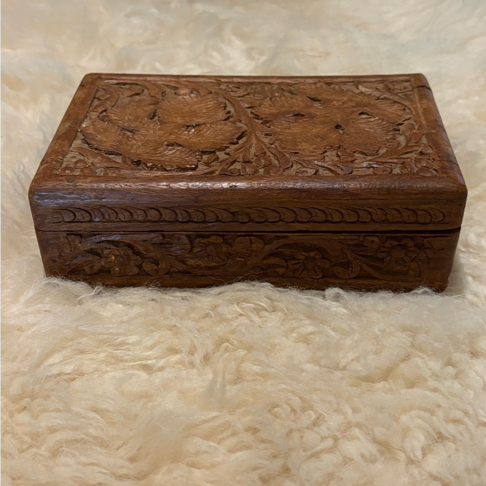Vintage 70’s Jewelry Trinket Intricately Carved Wooden Box